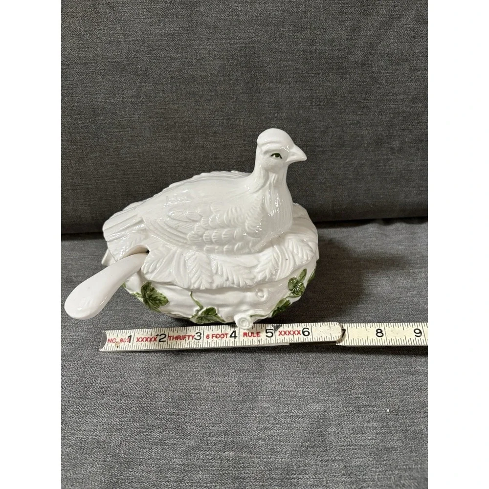 Vintage White Green Ceramic Bird on Nest Haldon Group Soup‎ Tureen 1983  7x5.75